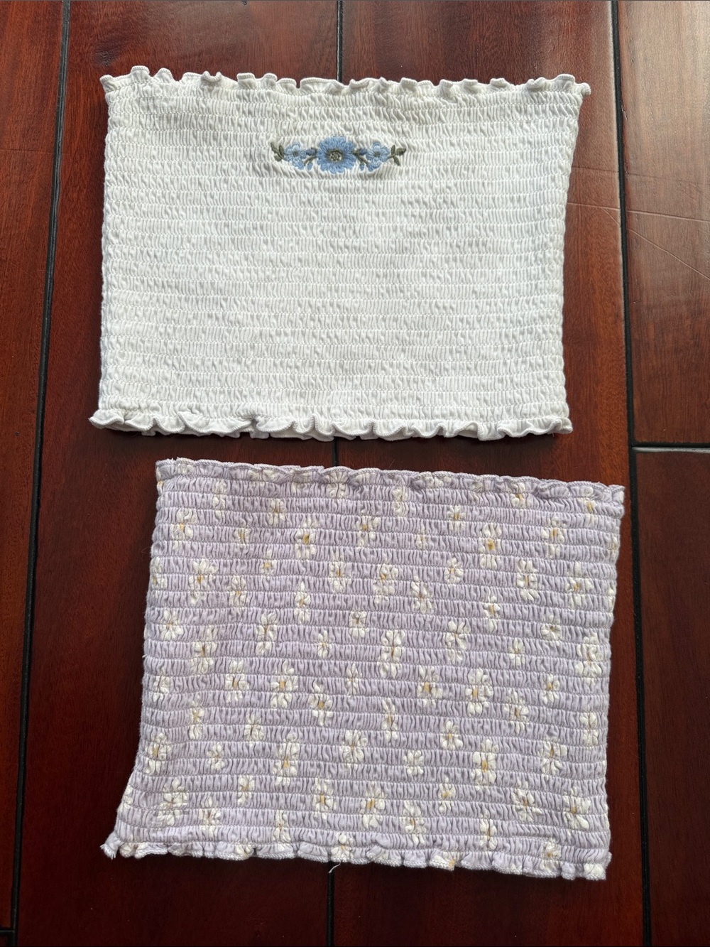 Smocked Tube Tops - White with Blue Embroidery & Lavender with Speckle